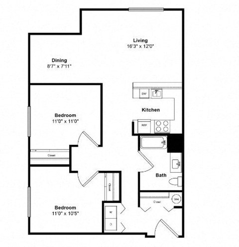 Floor plan for 2 beds, 1 bath, 900 sqft